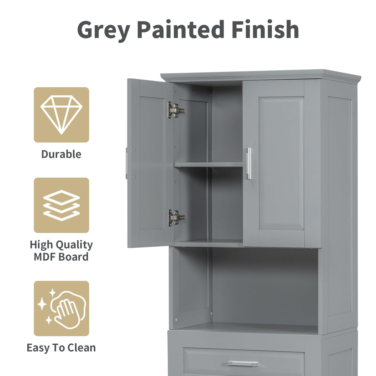Storage Cabinet with Doors and Drawer, Multi-Functional Bathroom Storage Organizer with Laundry Hamper Basket and Open Shelf, Soft-Closing Door, Gray