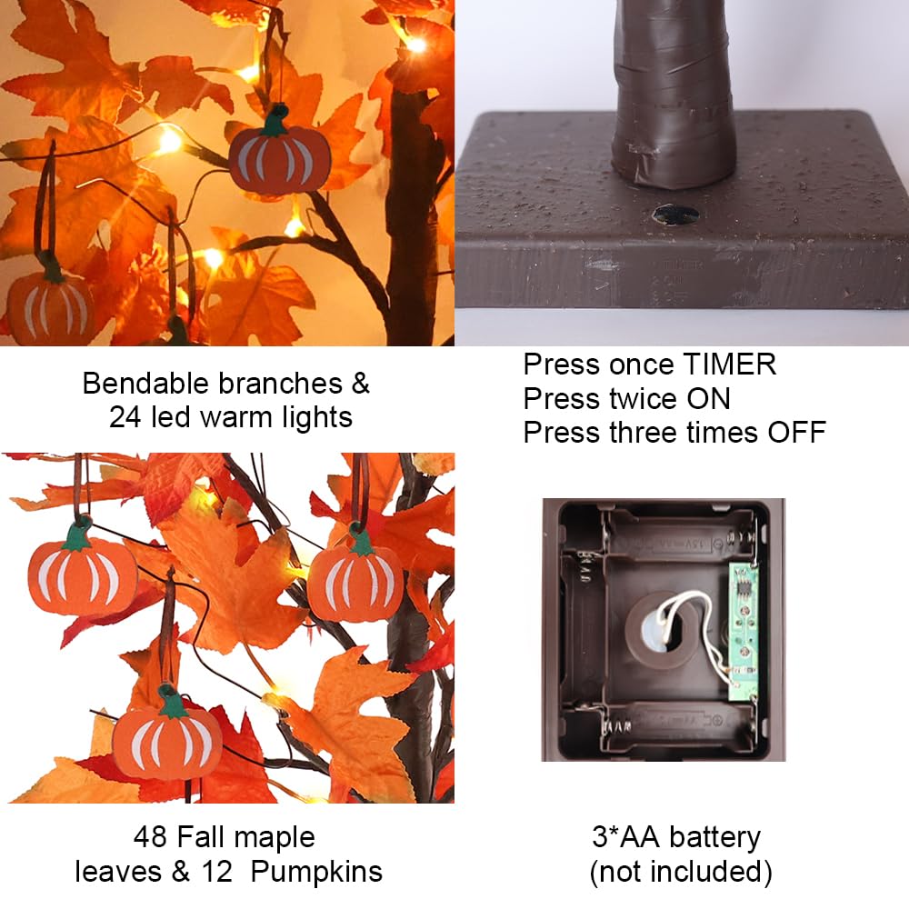 hogardeck Fall Decorations for Home, Thanksgiving Decorations, 24”2FT Lighted Maple Leaves Tree with 24 LEDs & 12 Wood Pumpkin Ornaments, Battery Powered Timer Artificial Trees for Autumn Table Decor