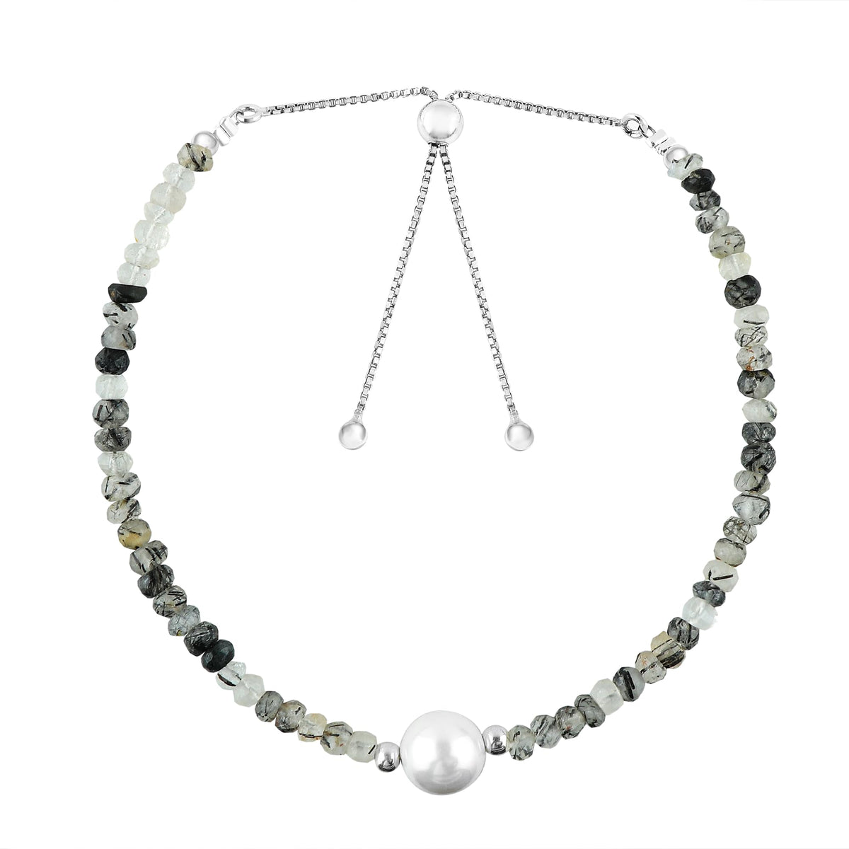 CRYSTALINES Natural Black Rutilated Quartz Gemstones Beads Bolo Bracelet with Pearl, High Grade, Handmade Bracelet, Healing Crystals, Silver Jewelry, Adjustable Chain, Gift for Women, 10inch