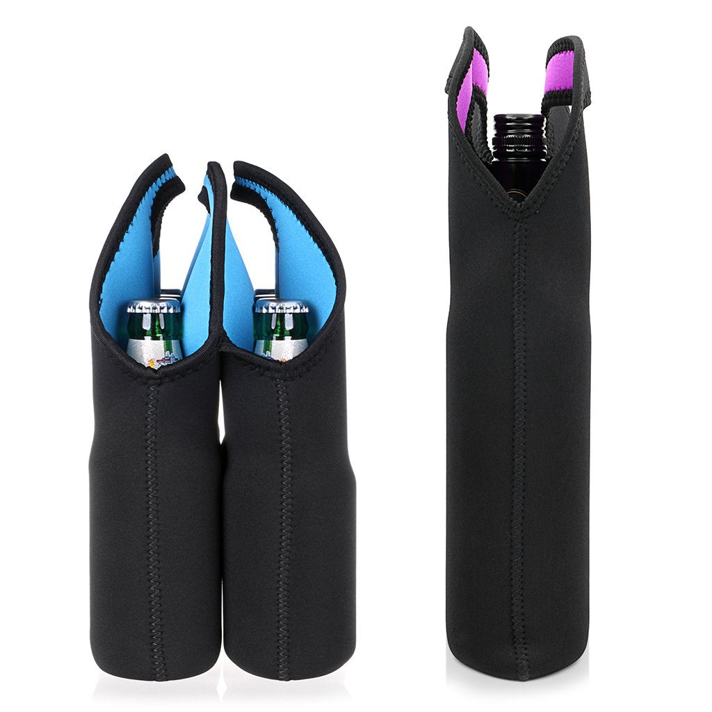 Hipiwe Set of 2 - Insulated Neoprene Wine Carrier Tote Bag + 6 Pack Beer Water Can Carrier Tote Bottle Holder Bottle Cooler Bag - Perfect for Travel with Secure Carry Handle