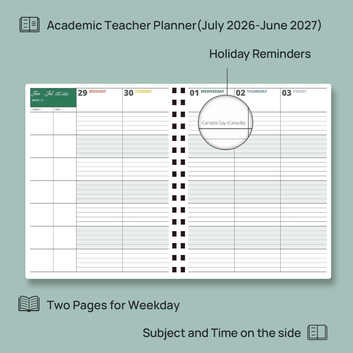 POPRUN Teacher Lesson Planner 2026-2027, (Letter Size - 8.5'' x 11'') Academic Planner July 2026 - June 2027 with Gradebook & Color Monthly Tabs, Thick Paper, 2-Sided Pocket, Leather Cover, Dutch Blue