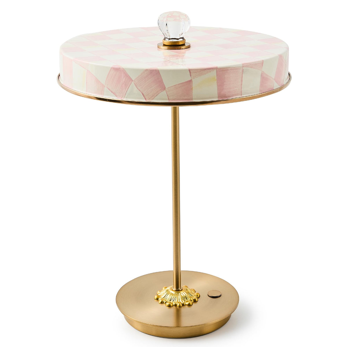 MACKENZIE-CHILDS LED Rechargeable Disk Table Lamp, Cordless Touch Lamp, Pink-and-White Rosy Check