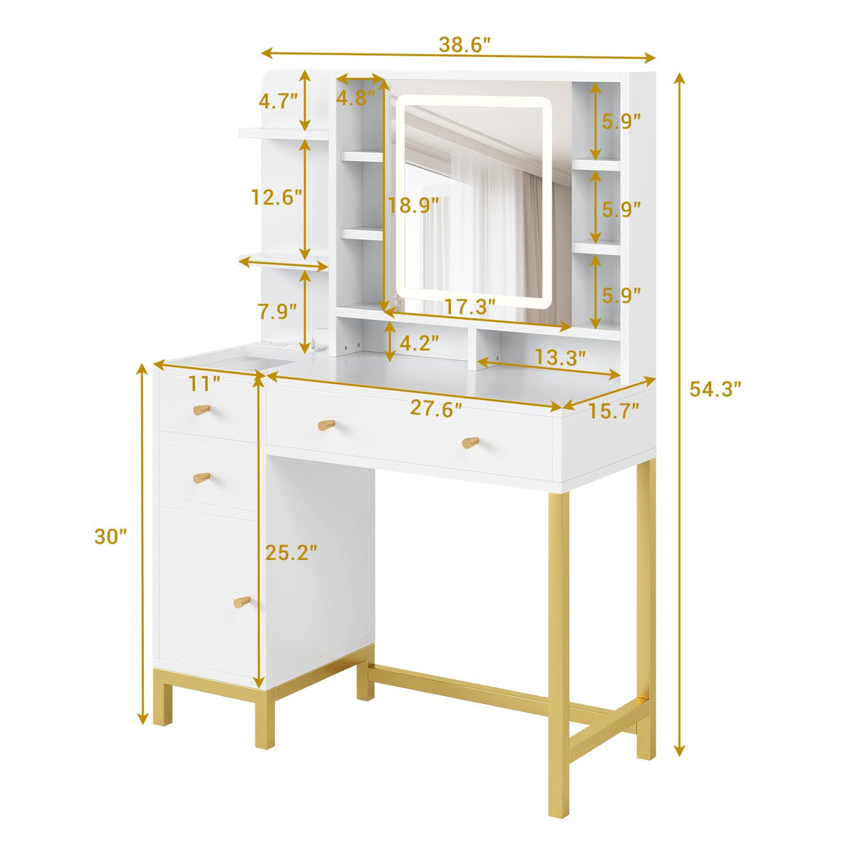 GAOMON 43.7'' White Vanity Desk Table with Lighted Mirror & Power Outlet, 3 Lighting Modes, Brightness Adjustable Vanity Table Makeup Vanity for Bedroom Dressing Room