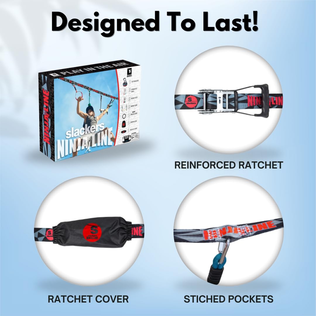 Slackers Ninjaline - 36' Intro Kit - Includes 7 Hanging Attachments - Best Outdoor Ninja Warrior Training Equipment For Kids - Build Your Very Own Backyard Obstacle Course - Rated Ages 5+