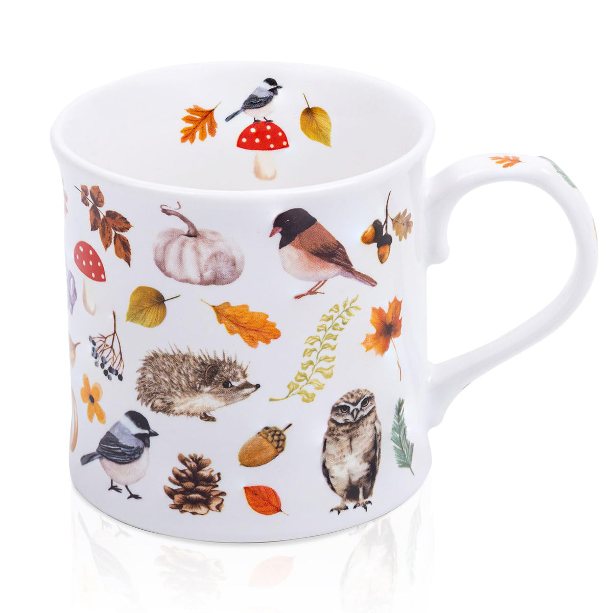 Autumn Animals Coffee Mug, 12 oz New Bone China Mug with Bird, Hedgehog, Owl & Pumpkin Design, Halloween & Fall Seasonal Ceramic Tea Mug, Nature Lover Gift, Designed in England by Harvest Green Studio
