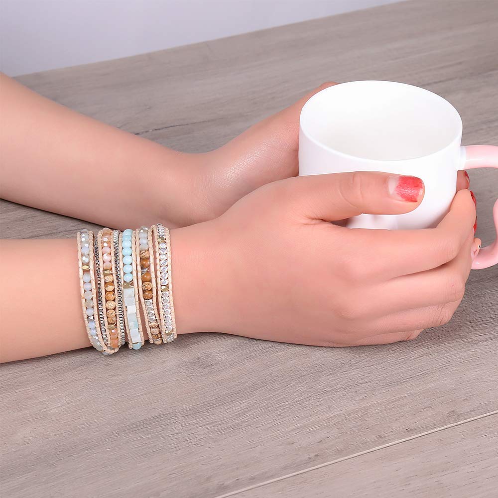 Plumiss Women Boho 5 Wraps Handmade Beaded Statement Stainless Steel Box Chain Bracelet Jewelry