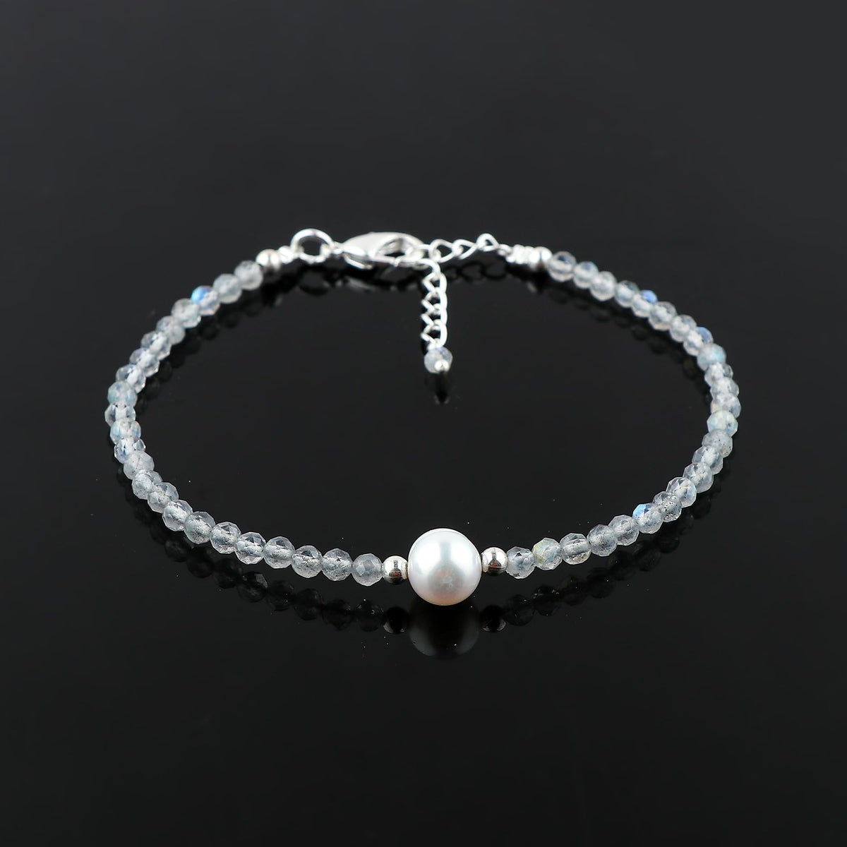 CRYSTALINES Natural Labradorite Gemstone Bracelet, Cultured Pearls Beads Stones, Handmade Hypoallergenic Boho Jewelry for Women, Healing Crystals, Adjustable Silver Plated 7+1inch, Birthday Gift