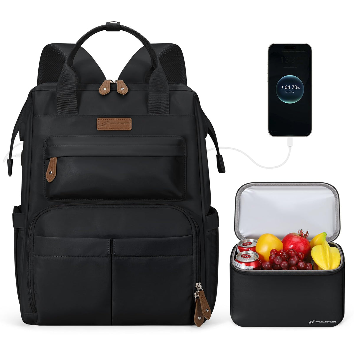 Maelstrom Travel Backpack for Women Men,Laptop Backpack Fits 15.6-17.3 Inch Laptop, Nurse/Work Bag with Insulated Lunch Box (Black)