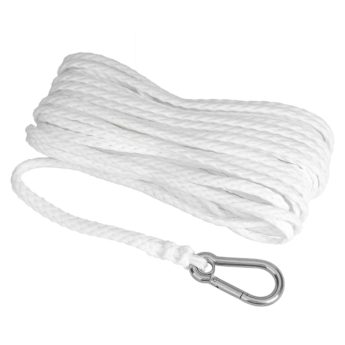 MARINE SYSTEM Made PP Hollow Braid Anchor Line Polypropylene 1/4 inch 50FT 100FT with Stainless Steel Spring Hook, White(1/4" x 100')