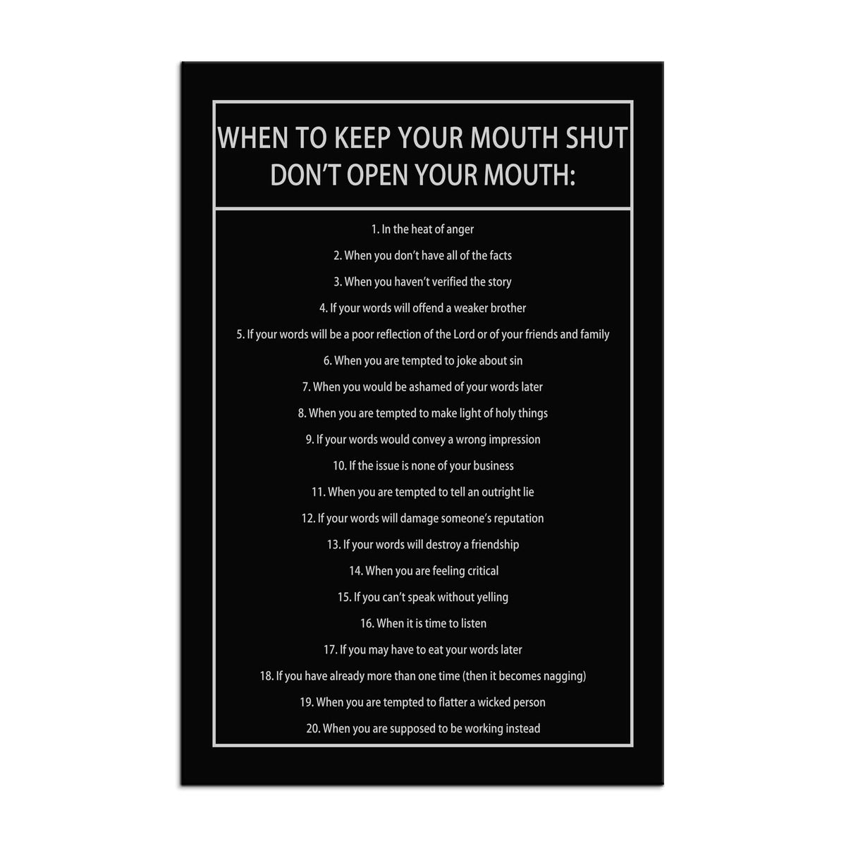 Inspirational Canvas Wall Art When to Keep Your Mouth Shut Don't Open Your Mouth Life Motivational Poster Life Learning Quote Picture Home Office Decor Painting Framed and Stretched[24''W x 36''H]