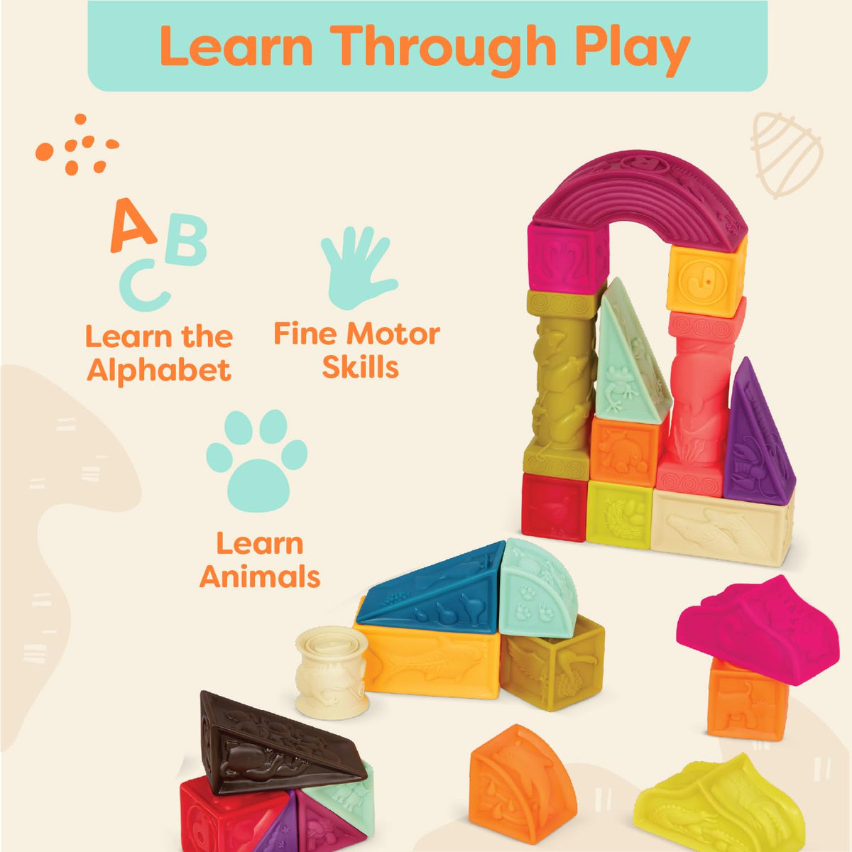 B. toys – Elemenosqueeze – Baby Blocks – 26 Soft Sort & Stack Blocks with Alphabet – Architectural Building Blocks – Shapes, Letters & Animals – 6+ Months