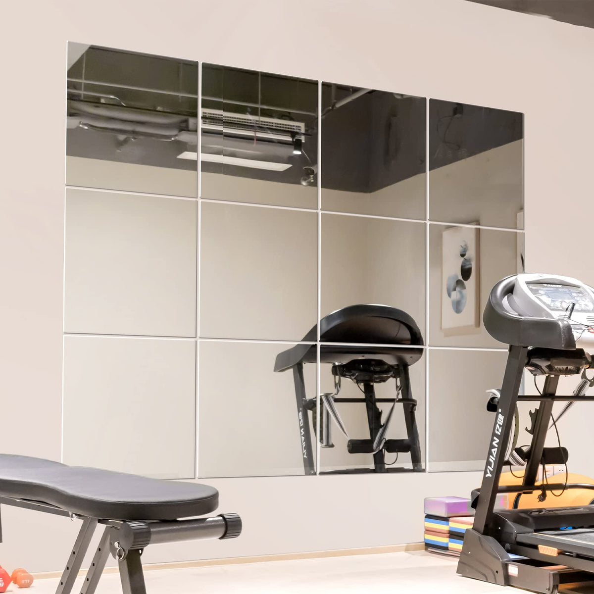 Murrey Home Wall Mirror for Home Gym Mirror, Full Length Mirrors Wall Mounted, Frameless Full Body Mirror Tiles for Wall, Door, Garage, 12" x12PCS
