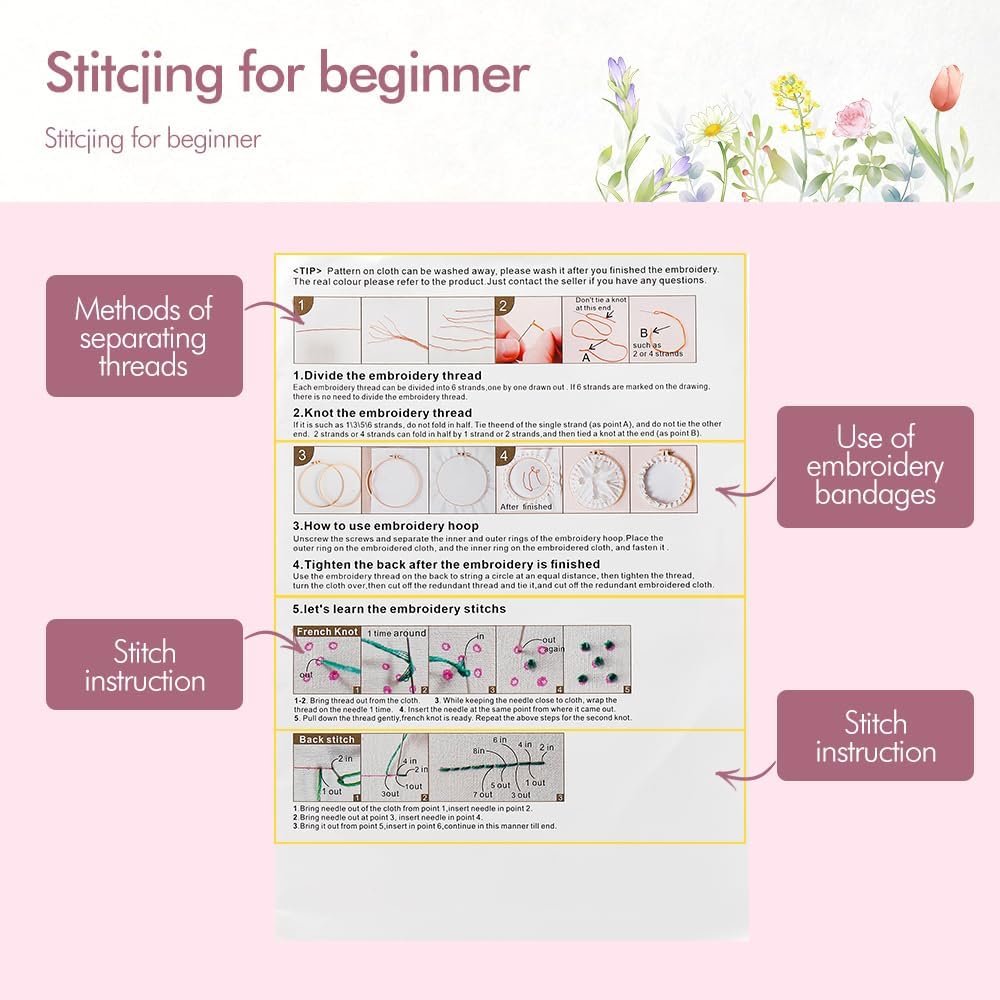 4 Pack Embroidery kit for Beginners Adults DIY Starter Kit, Cross Stitch Kits with Flower Stamped Patterns, Embroidery Hoop, Tools,Colorful Threads,Step by Step Instructions,Hand Craft Lover Gift