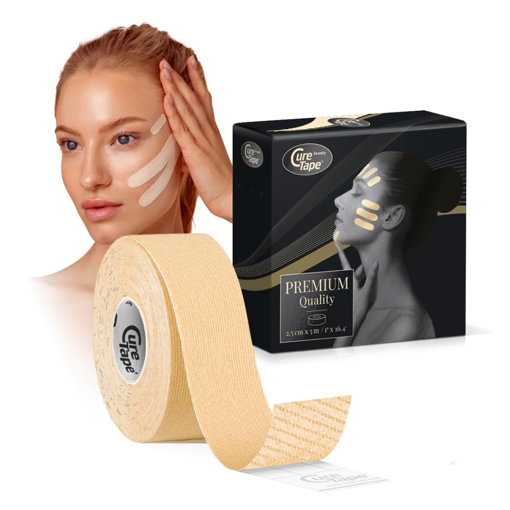 CureTape Beauty Kinesiology Tape | Anti-Wrinkle Face Tape | Face Lift Tape for Toning, Firming & Tightening The Skin (Light Beige, 1'' X 16'.)