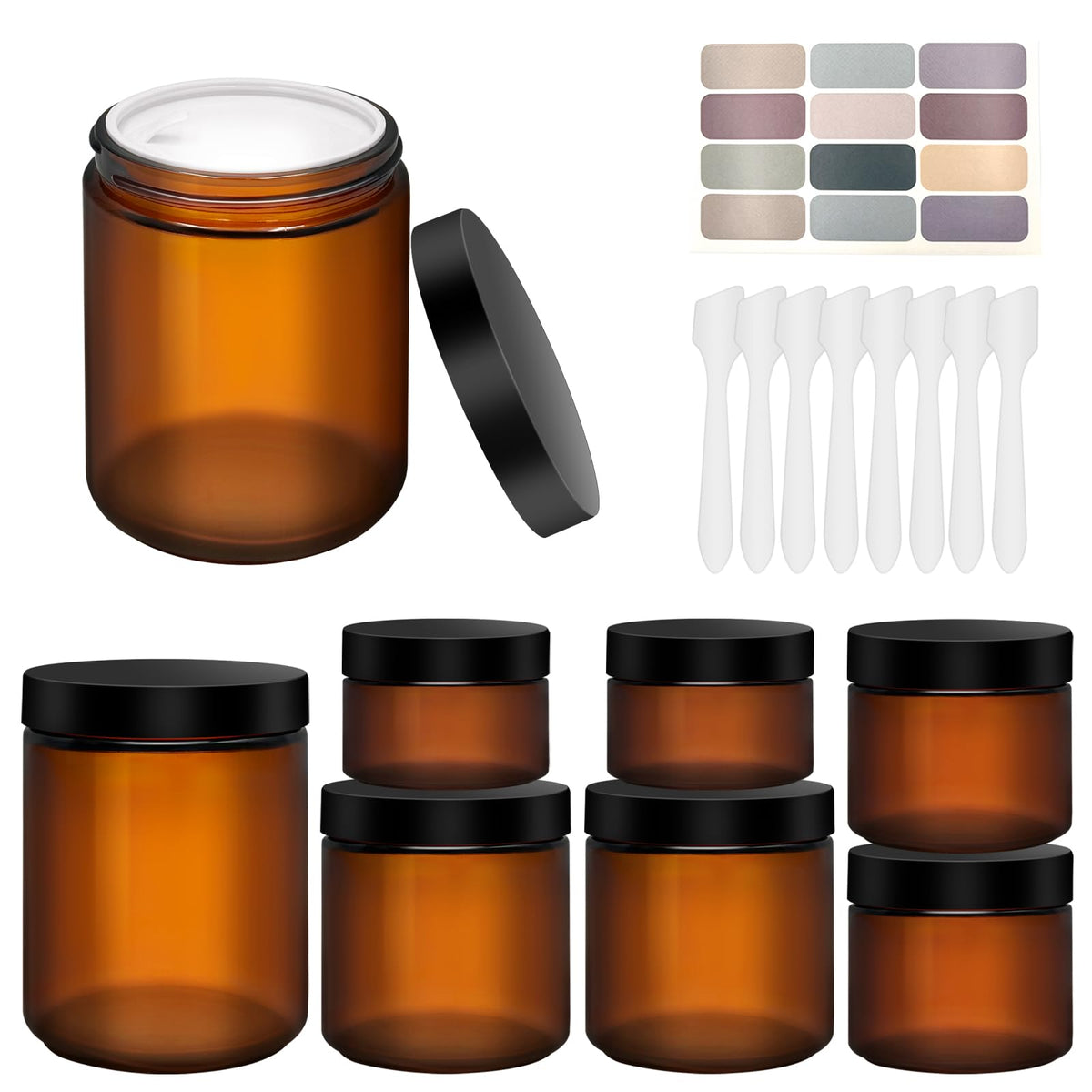 8oz, 4oz, 2oz and 1oz Amber Glass Jars with Lids, 8-Pcs Amber Jars with Inner Liners, Round Dark Jars for Making Candle, Cosmetice Container, Lotion Jar, with Sticker and 8p Spatulas