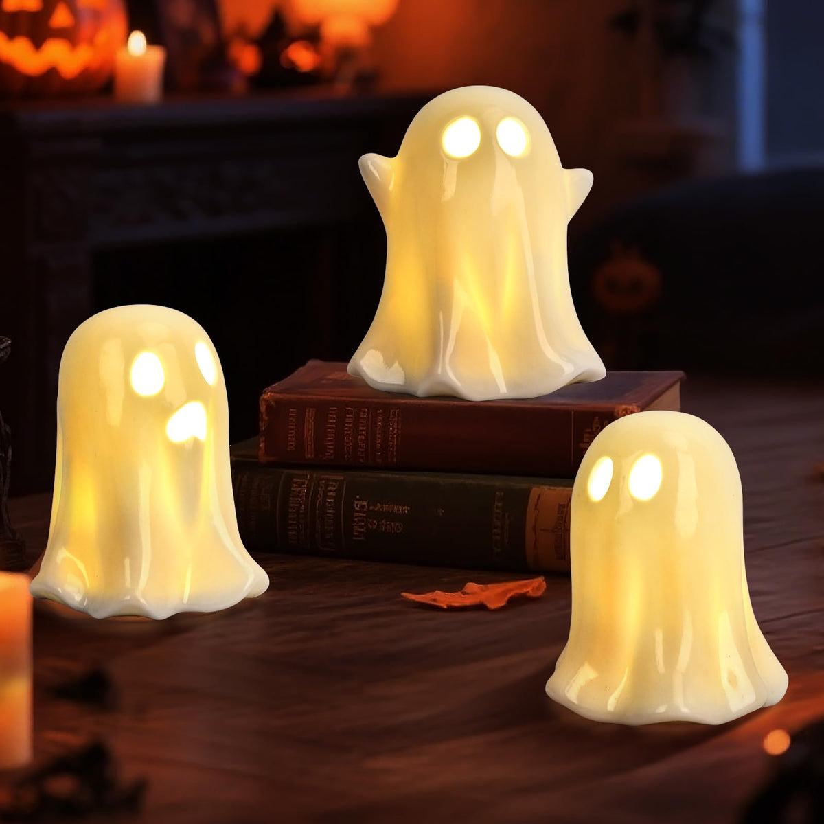 Ghost Halloween Decor - 3Pcs Ceramic Halloween Ghost Decorations Indoor, Light Up Glazed White Ghost Figurines Cute Ceramic Ghost Sculpture for Halloween Night Light Table Tray Decor