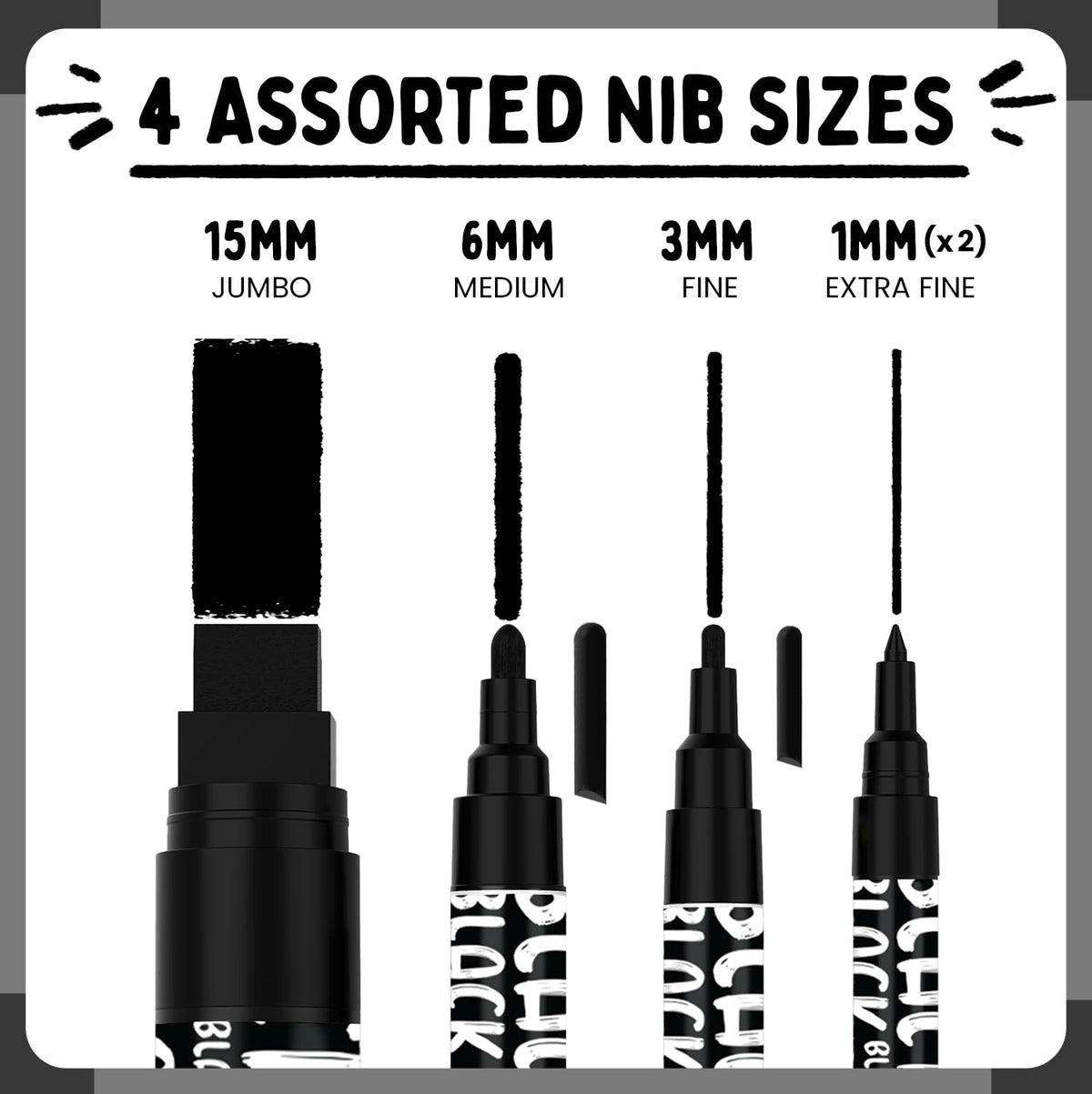 Chalkola 5 Black Liquid Chalk Markers for Blackboard, Chalkboard Signs, Car Windows, Glass - Washable Black Dry Erase Markers | Variety Pack - Fine & Jumbo Size Chalk Pen (1mm, 3mm, 6mm, 15mm)