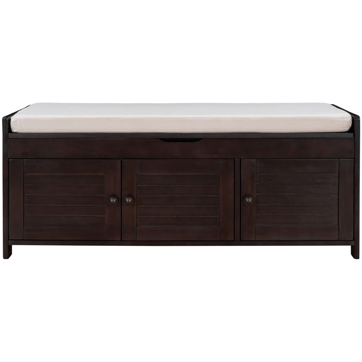 Jintop Wood Storage Bench 3 Shutter-Shaped Doors,Multifunction Shoebox,W/ 2 Size and Removable Cushion & Hidden Savings Space,for Entryway,Bedroom,Living Room,Espresso, 43.5"