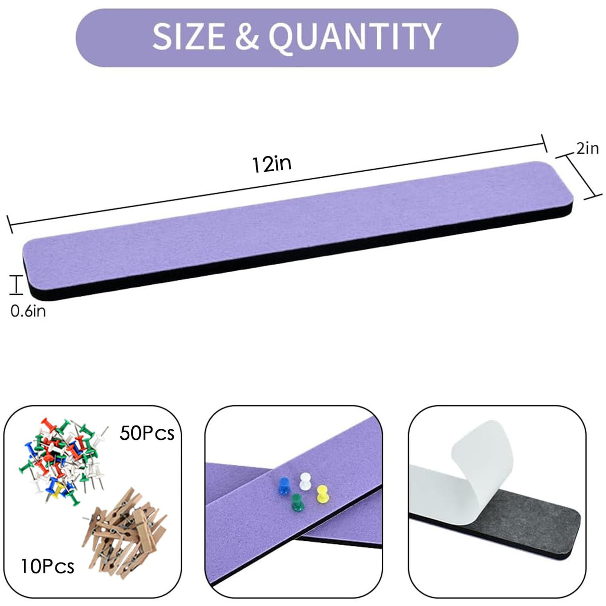 Vuzvuv 8 pcs Bulletin Board Bar Strips with 50 Pushpins & 10 Wooden Clip pins，Self Adhesive Cork Board for Wall，Felt Pin Board for School，Office Decor(Medium Purple)