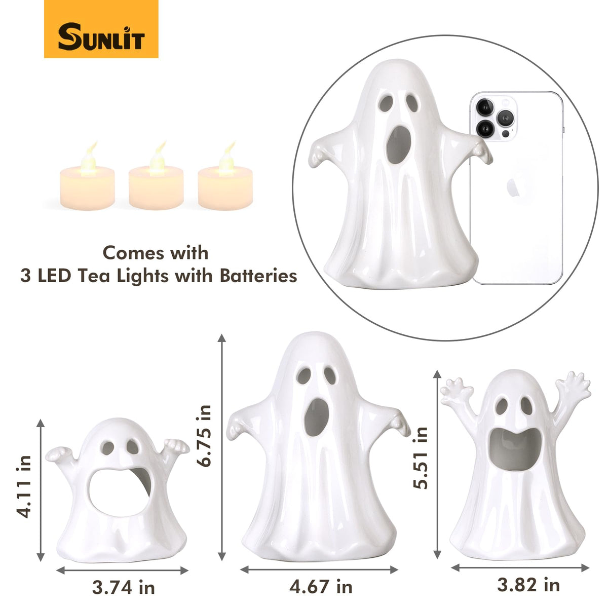 Sunlit Ceramic Ghost with 3 Tea Lights, Spooky Candle Holder Set of 3, Tabletop Indoor Halloween Decorations for Holiday Party Home, Spooky Sculptures Ghost Figurines, White