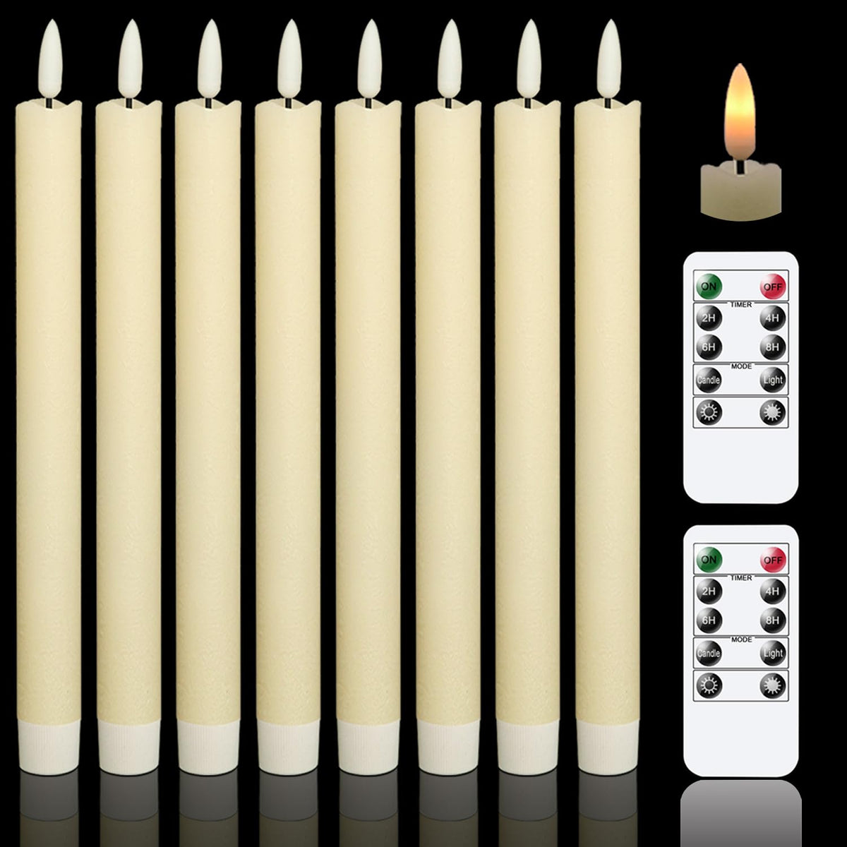GenSwin Flameless Flickering Taper Candles with 2 Remote Controls and Timer, Real Wax 3D Wick Light Window Candles Battery Operated Pack of 8, Christmas Home Wedding Decor(Ivory, 0.78 X 9.64 Inch)