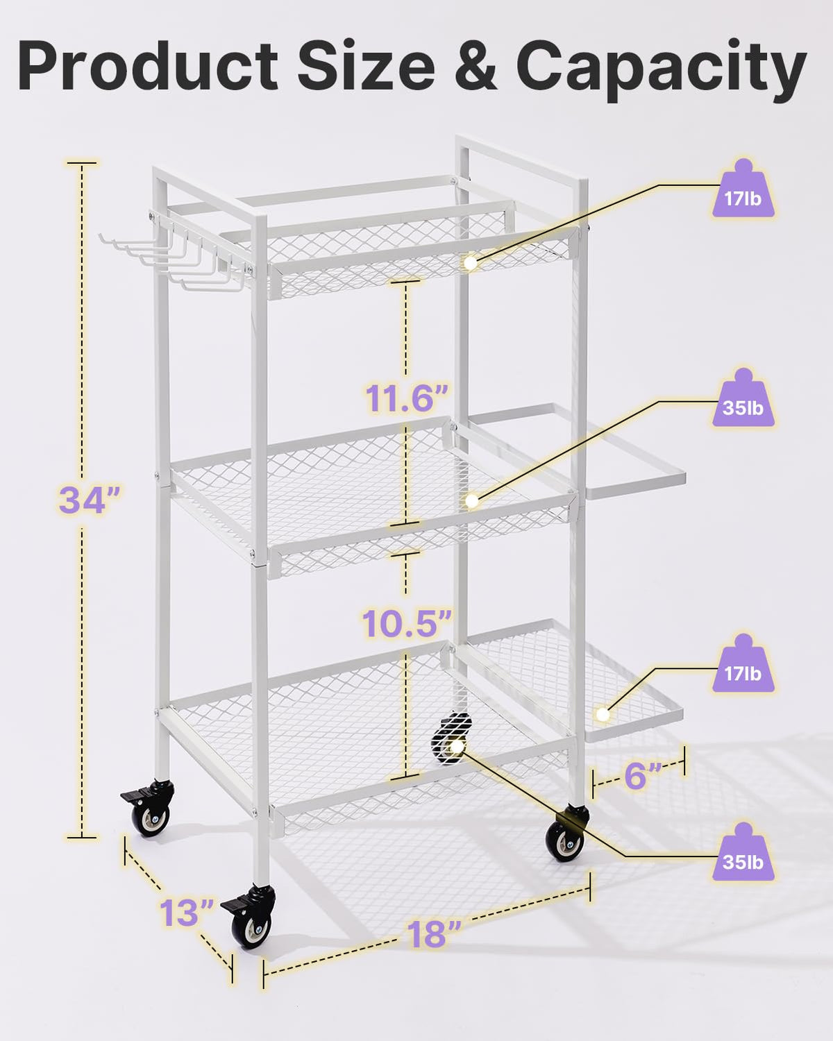 YOTTOY 3-Tier Gym Storage Rack for Home Gym–Multi-Functional Weight Rack, Dumbbell Rack, Yoga Mat Holder with Side Basket & 6 Hooks, Gym Equipment Organizer (White)