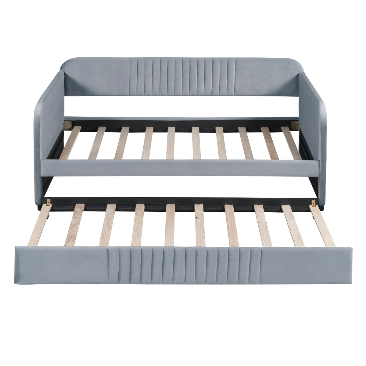 Merax Twin Size Upholstered Daybed with Trundle Bed and Wood Slat, Gray Velvet Sleeper Sofa Bed, No Box Spring Needed