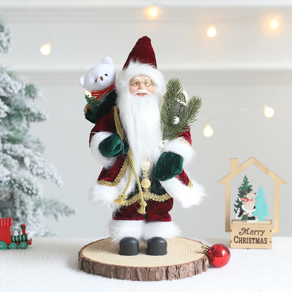 Enanal Santa Claus Figurine, 13inch Standing Christmas Santa Claus with Bear Sack and Pine for Christmas Indoor Home Decoration Xmas Gift Party Table Shelf Ornament
