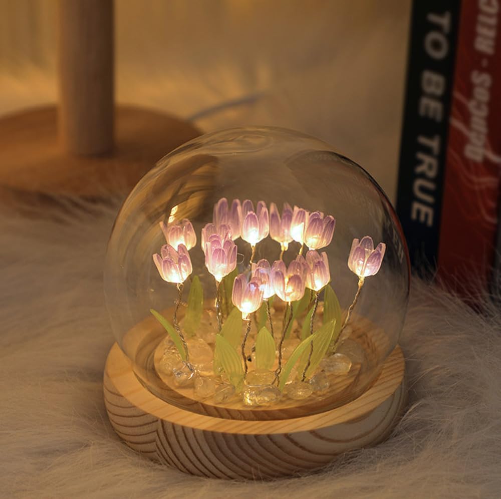 (20 Flower) Assembled Tulip Lamp Night Light with Glass Dome, Cool Handmade Artificial Flower Table Lamp Bedroom Desk Decoration for Women Girlfriend Sister Besties Birthday Christmas Gift (Purple)