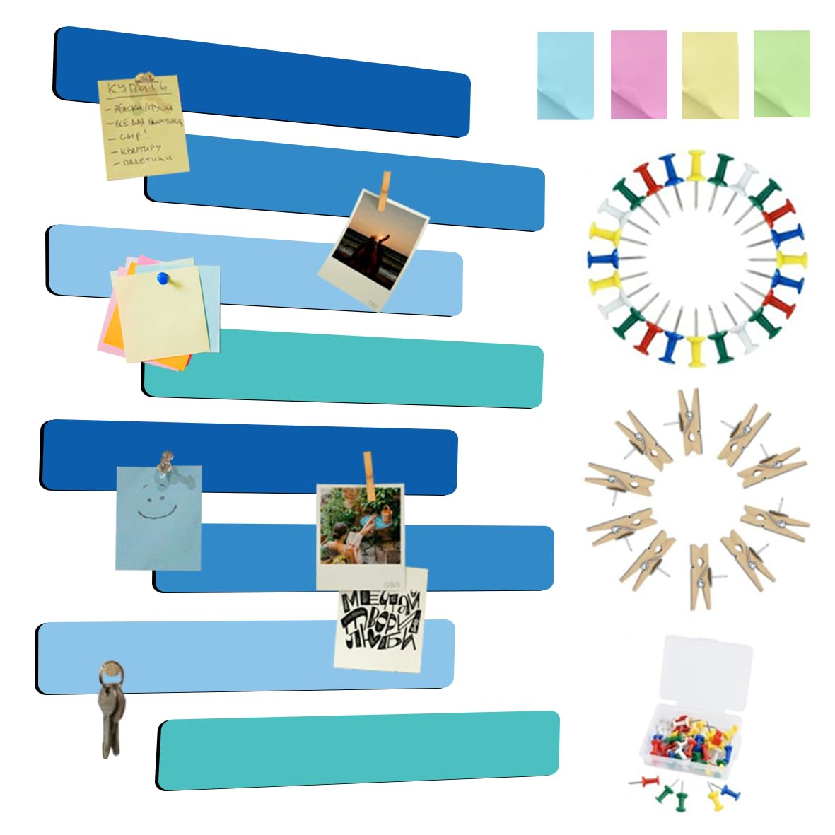 Vuzvuv 8 pcs Bulletin Board Bar Strips with 50 Pushpins & 10 Wooden Clip pins，Self Adhesive Cork Board for Wall，Felt Pin Board for School，Office Decor(Sea Blue)
