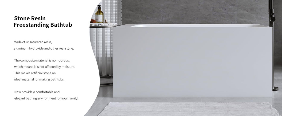 GDFStudio 51" Solid Surface Freestanding Bathtub, Matte White Resin Stone Soaking Tub with Overflow and Pop-Up Drain, Anti-Slip Stand Alone Deep Soaker Tub for Modern Bathroom Spa Relaxation