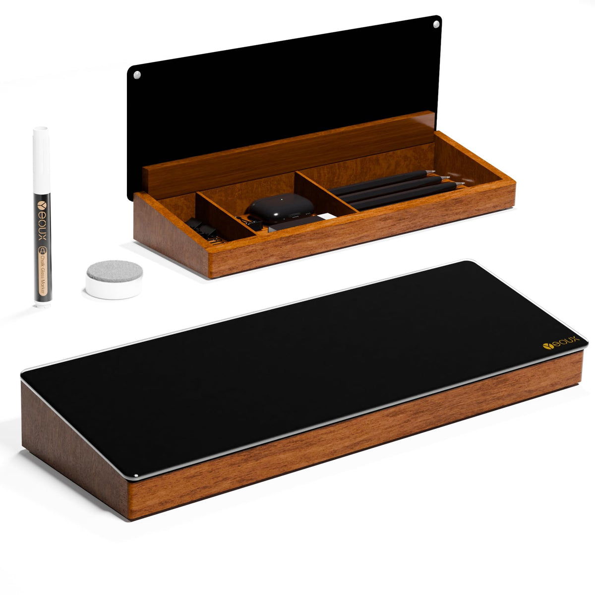Desktop Black Glass Dry Erase Board with Wood Organizers for Small Office Supplies, Desk Whiteboard with Drawer for Home Office Cubicle, Accessories Included, Yeoux