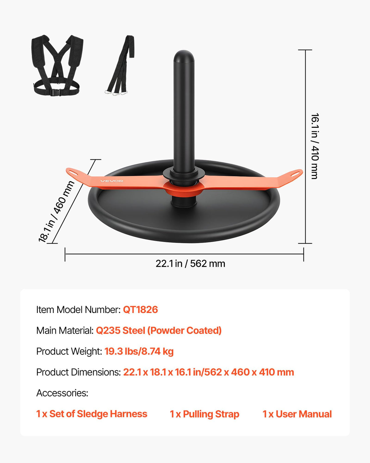 VEVOR Weight Sled, Steel Power Sled, Fitness Strength Training Pull Push Running Sled, Fitness Workout Sled Push Gym Equipment, with Harness, Compatible 2 in Weight Plates, Orange & Black