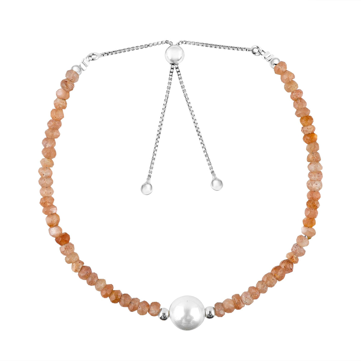 CRYSTALINES Natural Peach Moonstone Gemstone Bolo Bracelet & Pearl, Faceted Beads Stones, Handmade Boho Hypoallergenic Jewelry, Healing Crystals, Silver Chain 6+4inch, June Birthstone Gifts