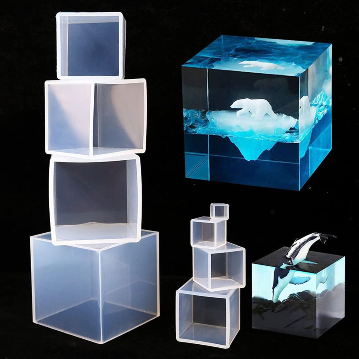 RESINWORLD Set of 4, 3", 2", 1.5", 1", 0.5" Clear Silicone Cube Molds, Large Deep Square Epoxy Resin Mold, Transparent Cube Silicone Molds for Resin Casting