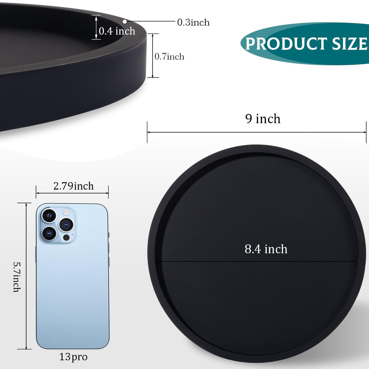 Silicone Bathroom Tray Round Vanity Tray Decorative Soap Holder Kitchen Countertop Organizer Coffee Table Decor for Candle, Perfume, Plant, 9 Inch, Black