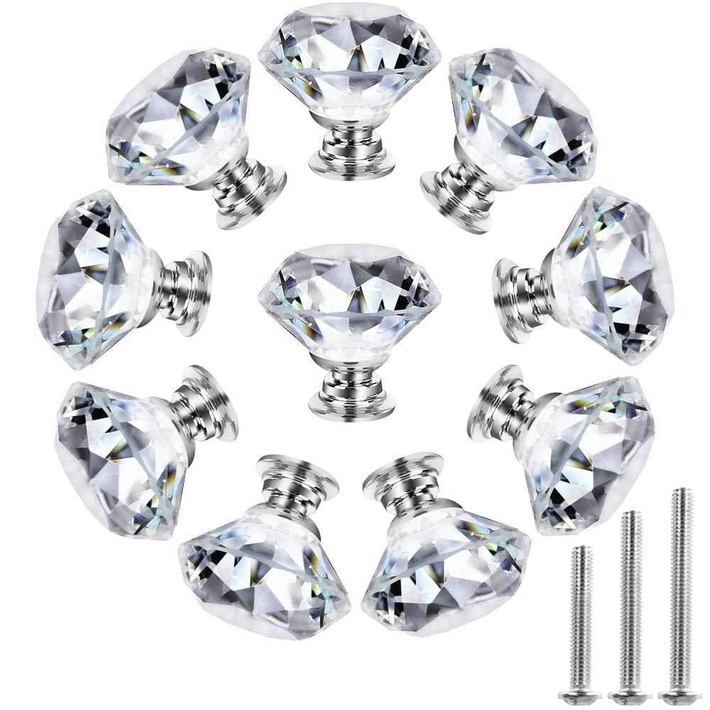 NORTHERN BROTHERS 10 Pack 30mm Crystal Cabinet Knobs, Diamond Glass Drawer Knobs with 3 Screw Sizes, for Dresser, Kitchen & Bathroom, Silver