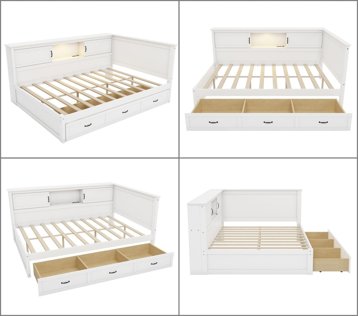 Merax Full Size Corner Bed Frames with Storage Drawers, Bookcase, Charging Station, Led Downlight, Wooden L-Shaped Captain Daybed Platform for Small Room, Bedroom, Guest Room, Kids'Room, White