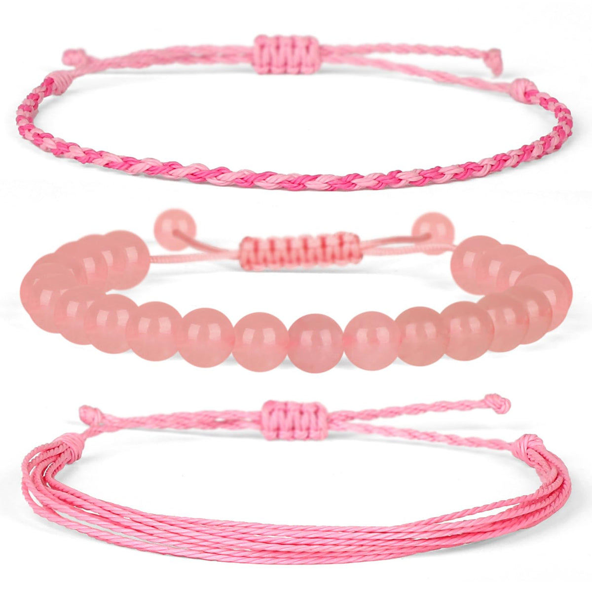 QOGIR Handmade Healing Bracelets,8mm Natural Rose Quartz Gem Stone Beads Bracelet,for Men Women Gifts with 2PCS Size Adjustable Rope Bracelets