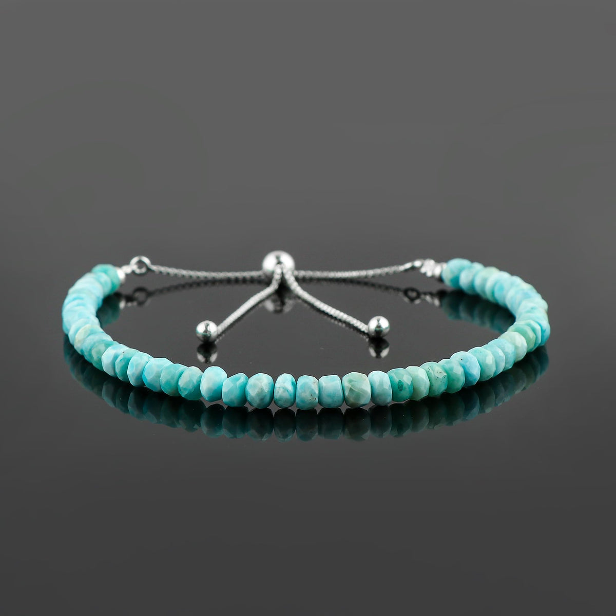 CRYSTALINES Natural Sky Blue Larimar Gemstone Bolo Bracelet, Faceted Beads Stones, Handmade Hypoallergenic Bohemian Jewelry for Women, Healing Crystals, Adjustable Silver Plated 6+4inch, Birthday Gift
