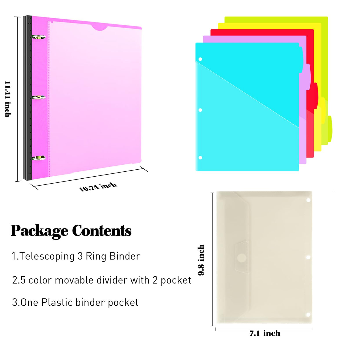 INFUN 1 Inch 3-Ring Telescoping Project Organizer Binder,13 Pocket, Customizable Front Cover, 5 Colors Pocket Divider and Plastic Binder Pocket，225 Sheet Capacity-Pink
