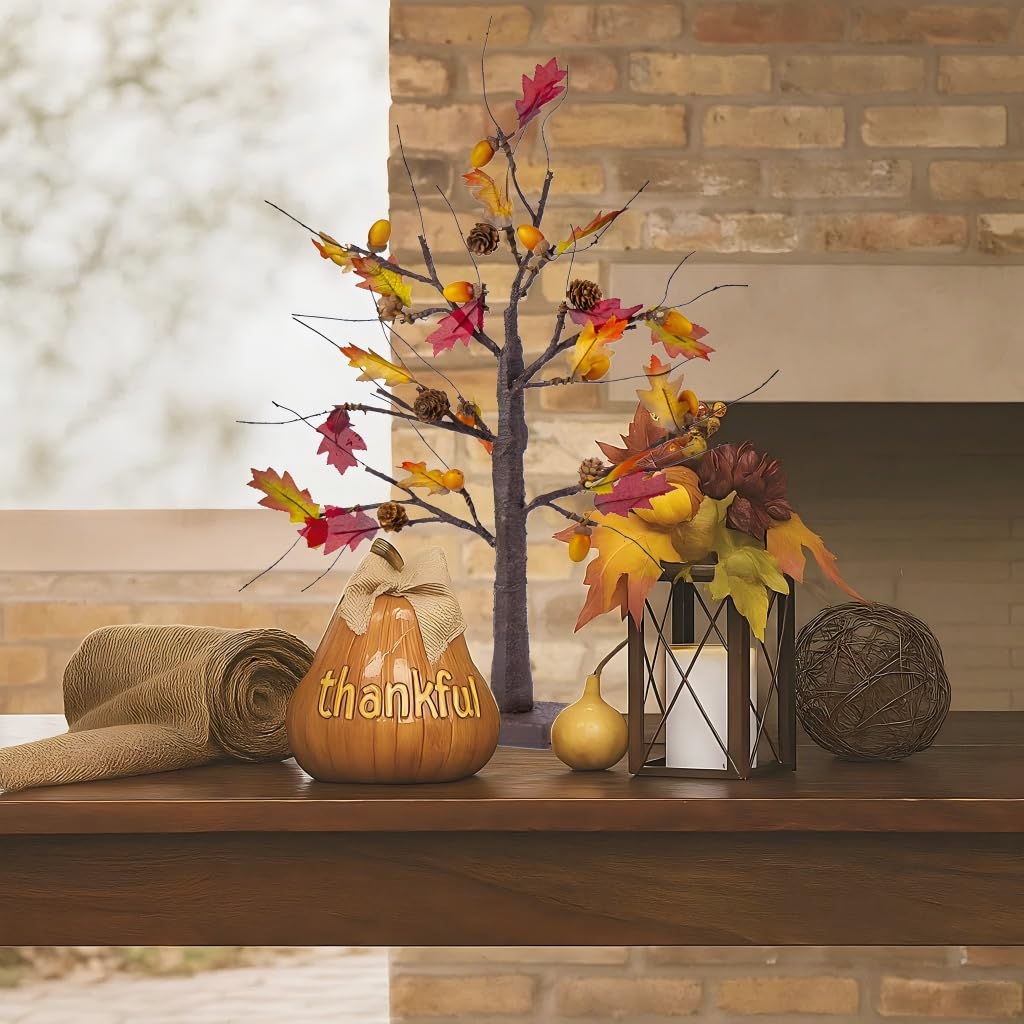 2 Pack Lighted Fall Trees 24in - Battery Operated Autumn Centerpiece with Acorns & Pinecones for Thanksgiving Halloween Decor