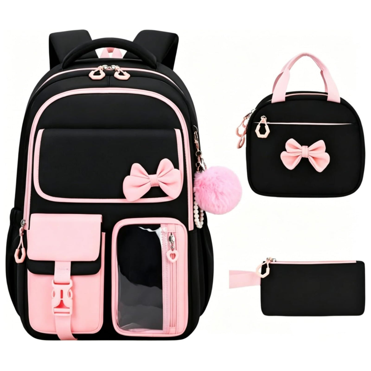 kistou Backpack for Girls Kids Backpack for School with Lunch Bag Pencil Case Kawaii Bow Kids Bookbag for Teen Elementary Middle School