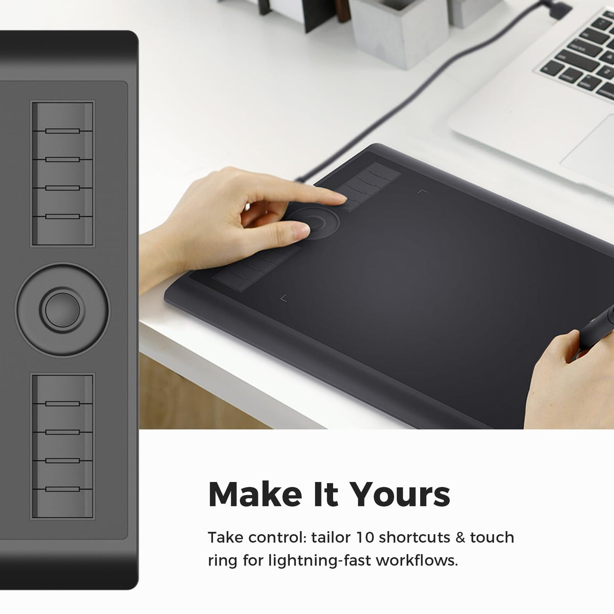 GAOMON M10K Drawing Tablet, 10x6 inch Large Graphics Tablet with Touch Ring, 8192 Levels Battery-Free Stylus, 10 Hot Keys, Art Tablet for Design, Writing, Editing, Work with Mac, Windows, Android
