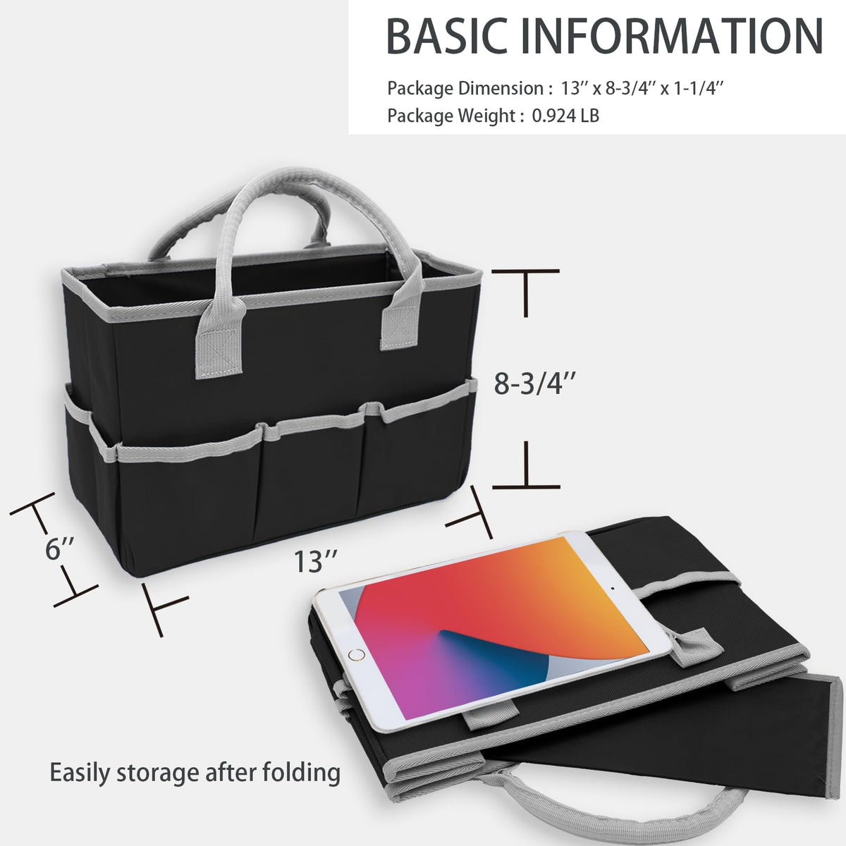 Cupohus Art Organizer Craft Storage Tote Bag with Pockets and Hadles, Oxford Fabric Carrying Caddy for Teacher, Officer, Artist, Students, Traveler, and more – Black with Grey Edge