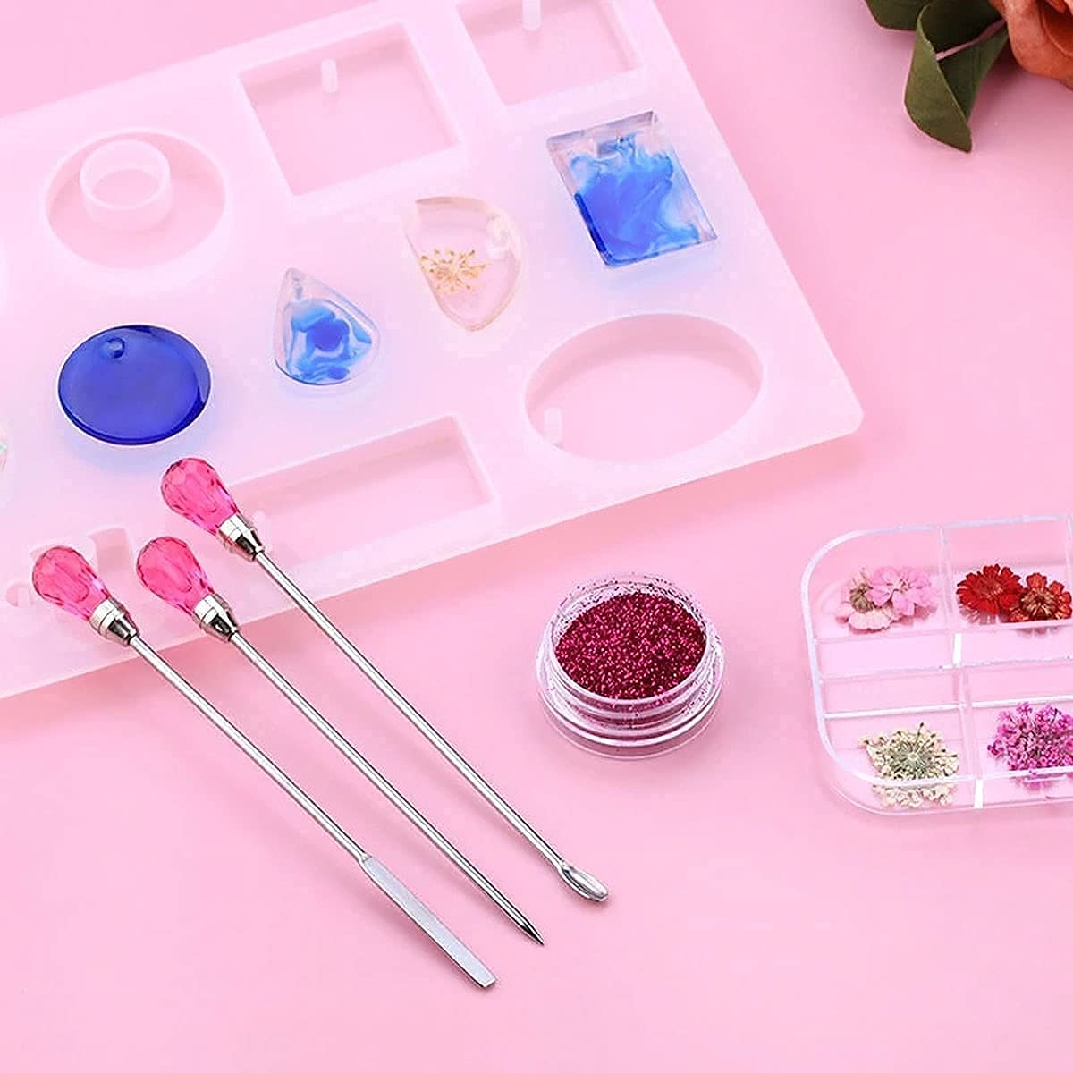 11 Pcs Silicone Resin Mold Tools Set Stirring Needle Spoon Tool Tweezers Precision Kit, Anti-Static Electronics Tweezers Set for Resin Art Crafts,Jewelry Making,DIY Epoxy Casting Molds(Rose Red)