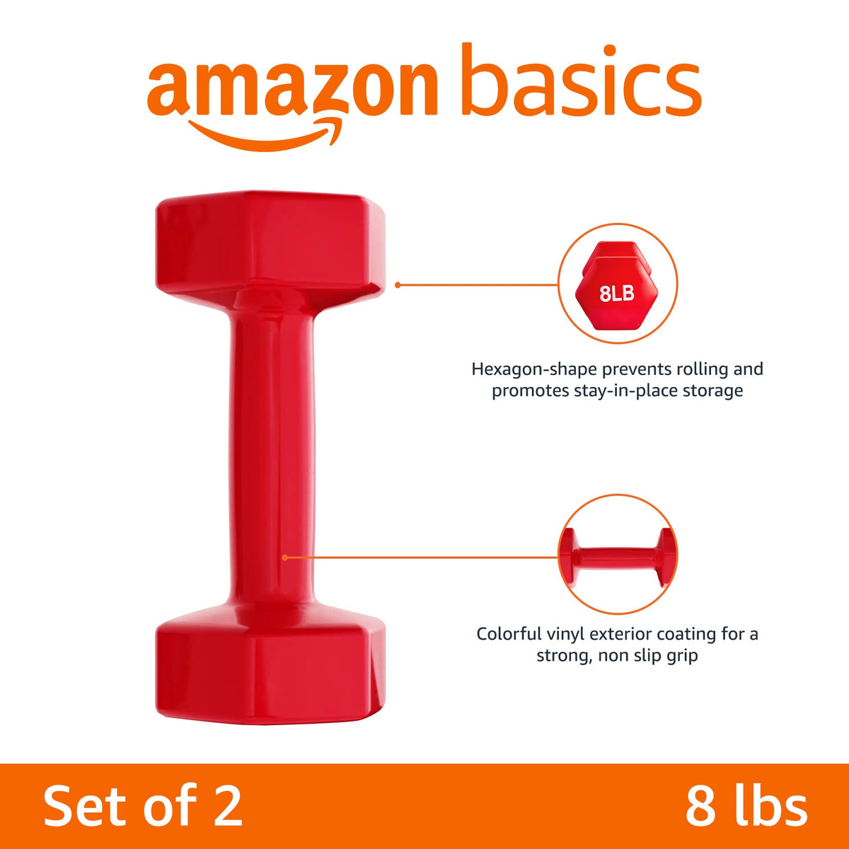 Amazon Basics Vinyl Coated Hexagon Dumbbell Hand Weights with Non-Slip Grip, 8 lbs, Steel Core for Gym Exercise Workout, Red, Pair