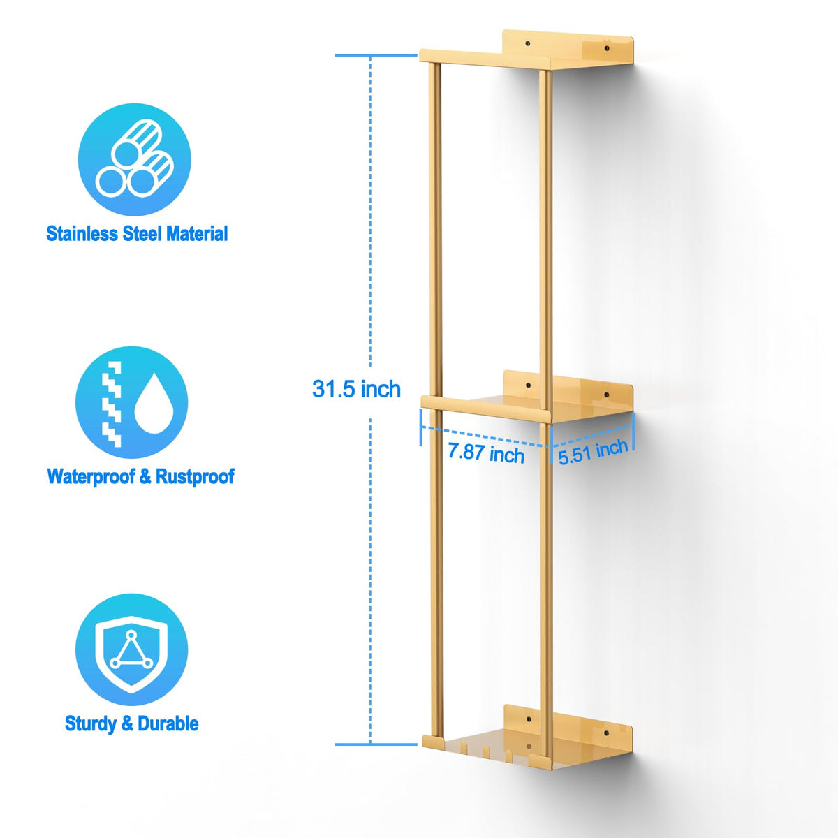 Liuoud Towel Rack for Bathroom, Wall Mounted Vertical Rolled Towel Storage Organizer Holder with Shelf, Holds Up 6 Large Bath Sheets, Gold