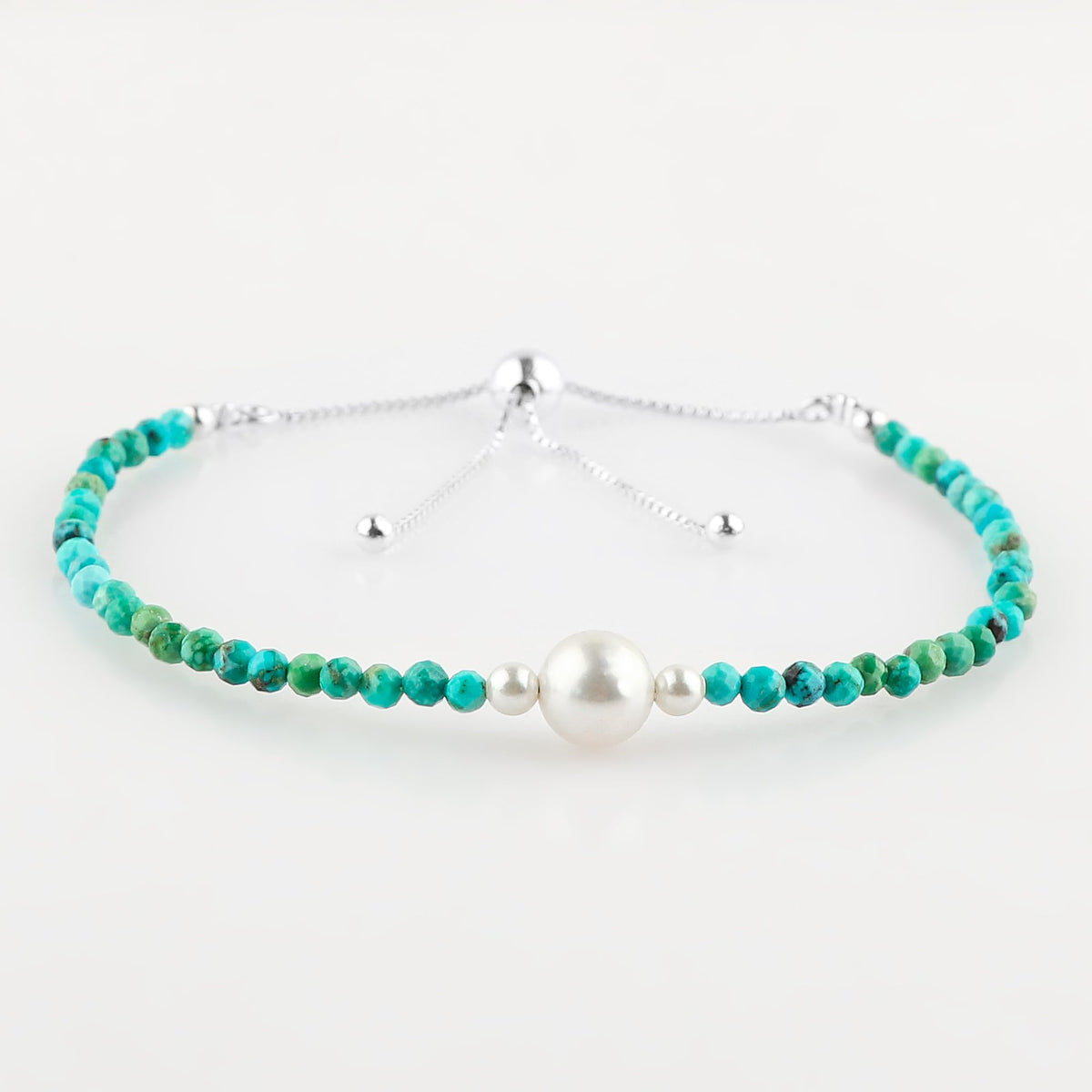 CRYSTALINES Genuine Turquoise Gemstone Bolo Bracelet, Cultured Pearl Beads Stones, Hypoallergenic Handmade Boho Jewelry for Women, Healing Crystals, Silver Chain 6+4inch, December Birthday Gift