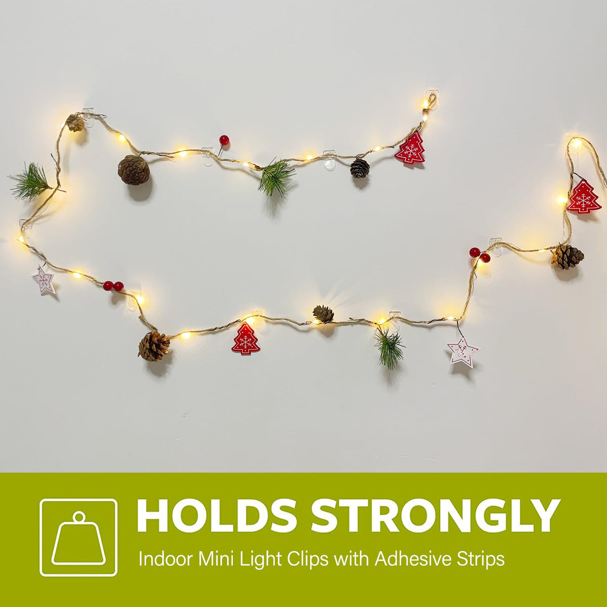 Karsbarwe 120 Clear Mini Light Clips with 132 Adhesive Strips, Small Removable Wall Hooks No Damage, Transparent Wire Hooks for Christmas String Lights, Indoor Holiday Decorations, Cables and Cords